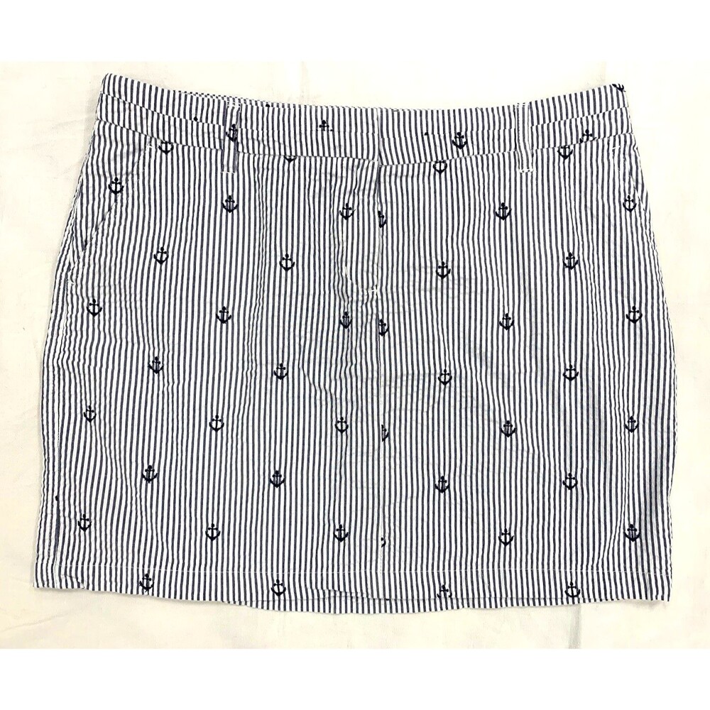British Khaki Blue Stripe Embroidered Anchor Seersucker Short Skirt 12 Nautical